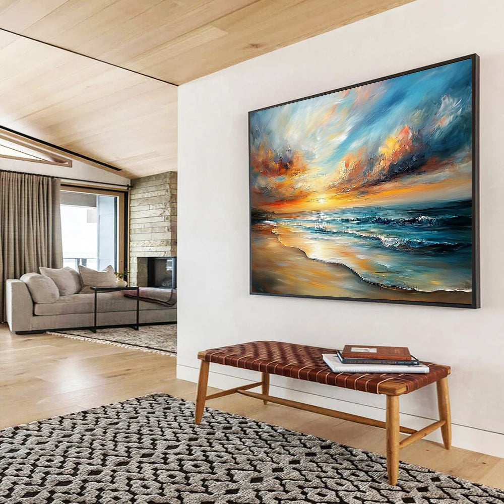 “Dreamy Beach Sunset” - Oranges, Pinks, Yellows, Blues, Beach Scene - Impasto Oil Painting HB1579