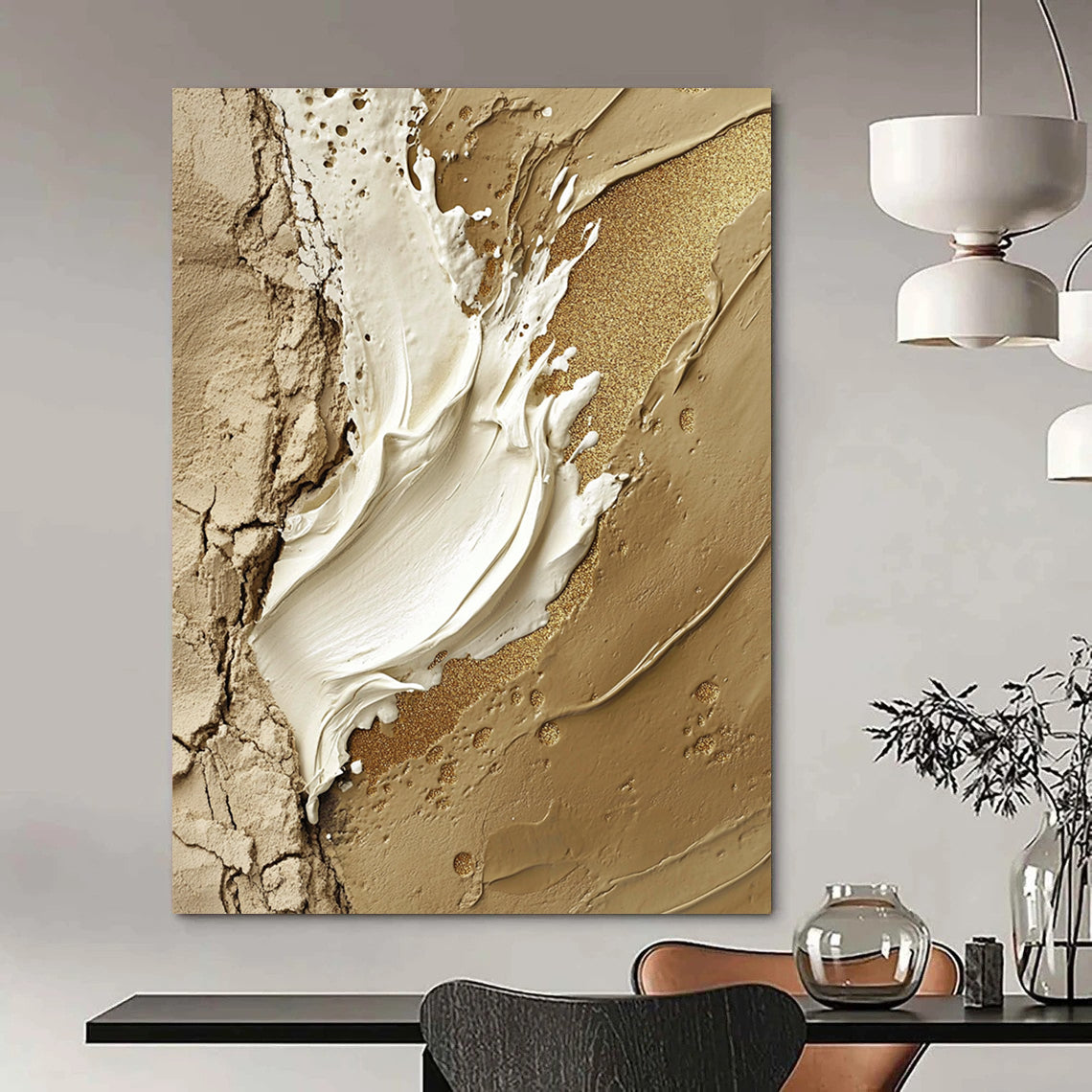 Contemporary hand-painted abstract art featuring a central white paint stroke adorned with gold glitter accents on a rugged stone-like background. DLZ1195
