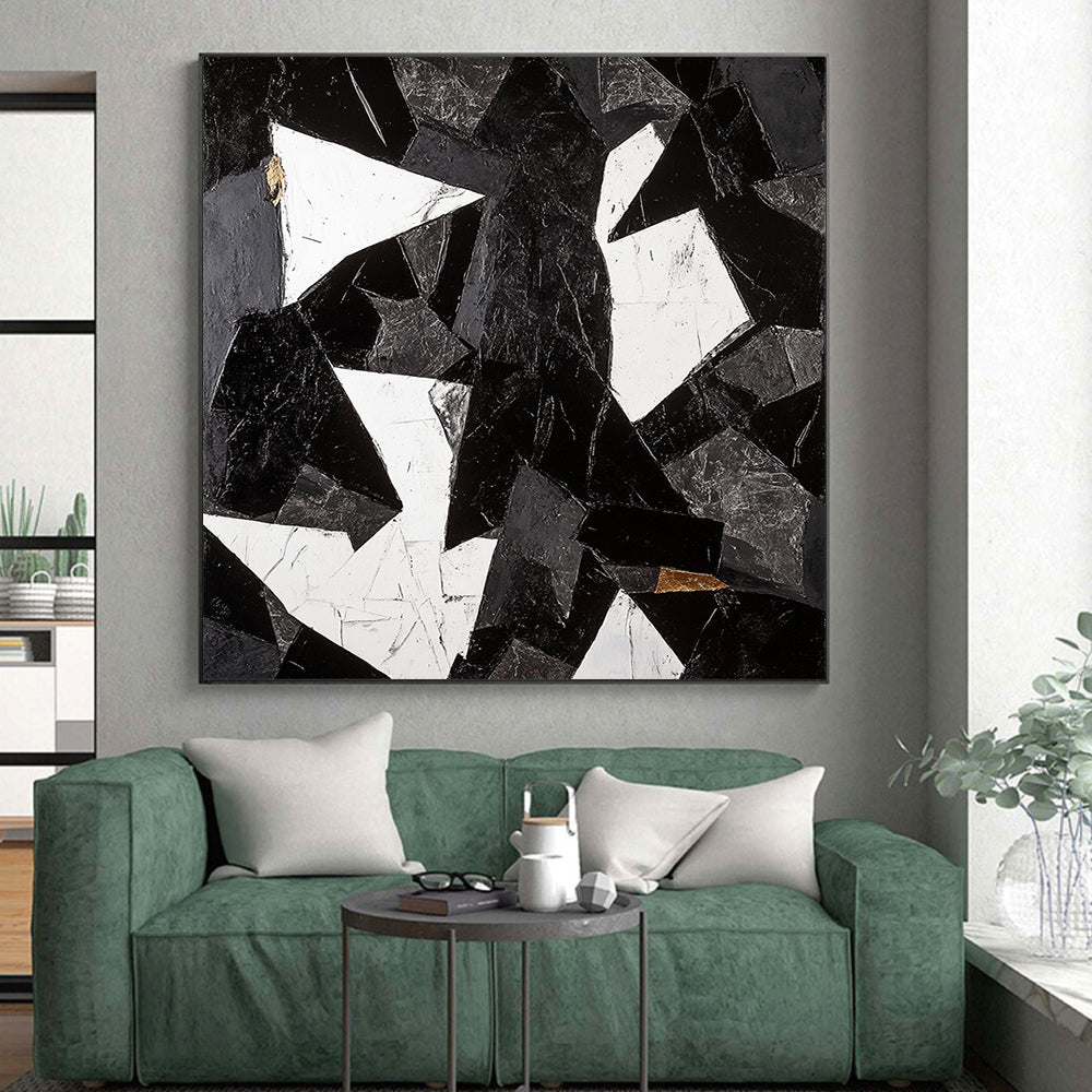 Black, White, Gray and Gold Abstract Shards "Broken Harmony" Painting On Canvas HB343