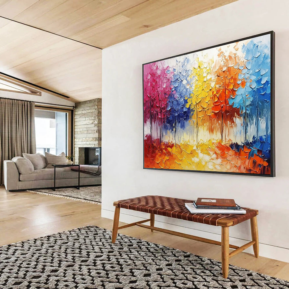 “Colorful Textured Forest” - Colorful Palette, Textured Tree Landscape Painting On Canvas HB0856