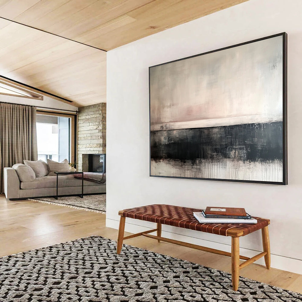 “Muted Abstract Horizon” - Soft tones of gray, beige, black; Abstract horizon with drip effects; Acrylic Painting On Canvas HB1266