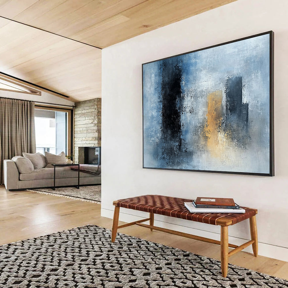 “Blue - Gray Abstract Urban Silhouettes” - Blue, Gray, Gold, City Shapes Painting On Canvas HB0840