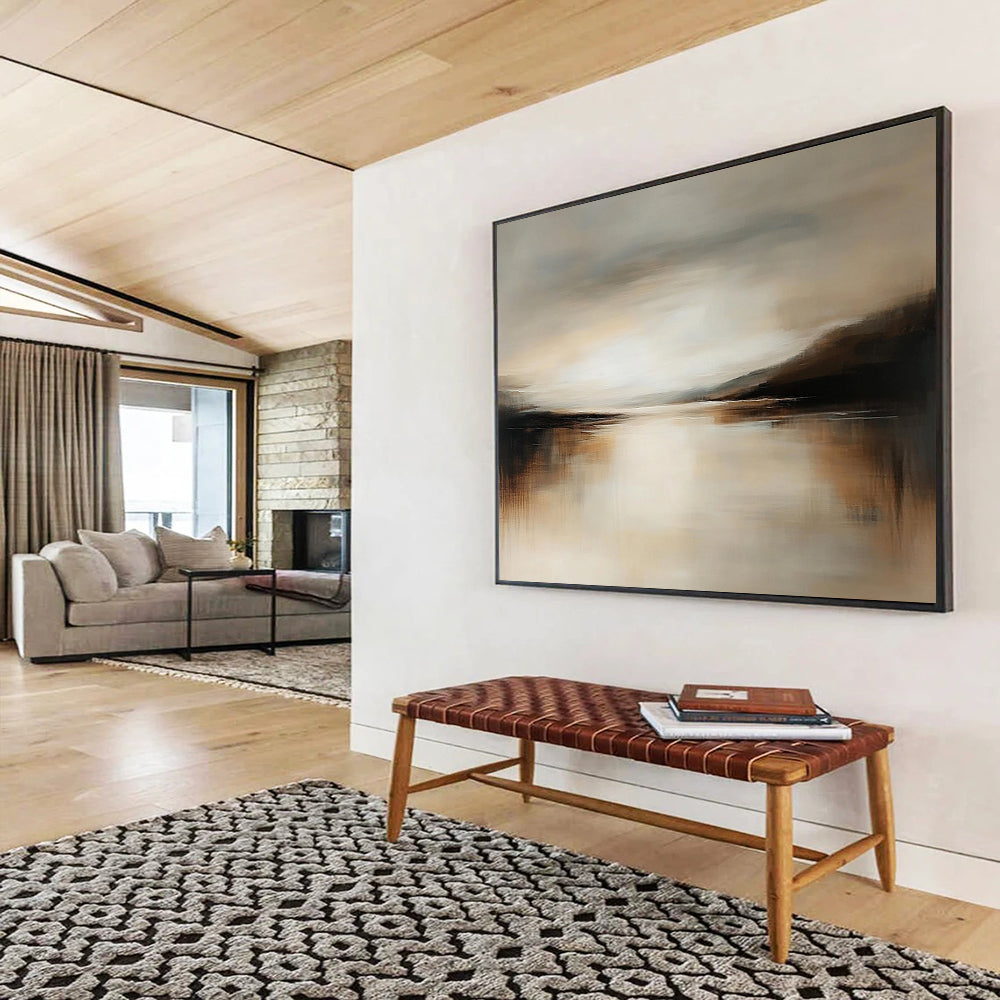 “Neutral Water Mirror” - Warm Beiges, Browns, and Muted Grays, Calm Water Reflecting a Subtle Sky Painting On Canvas HB0913