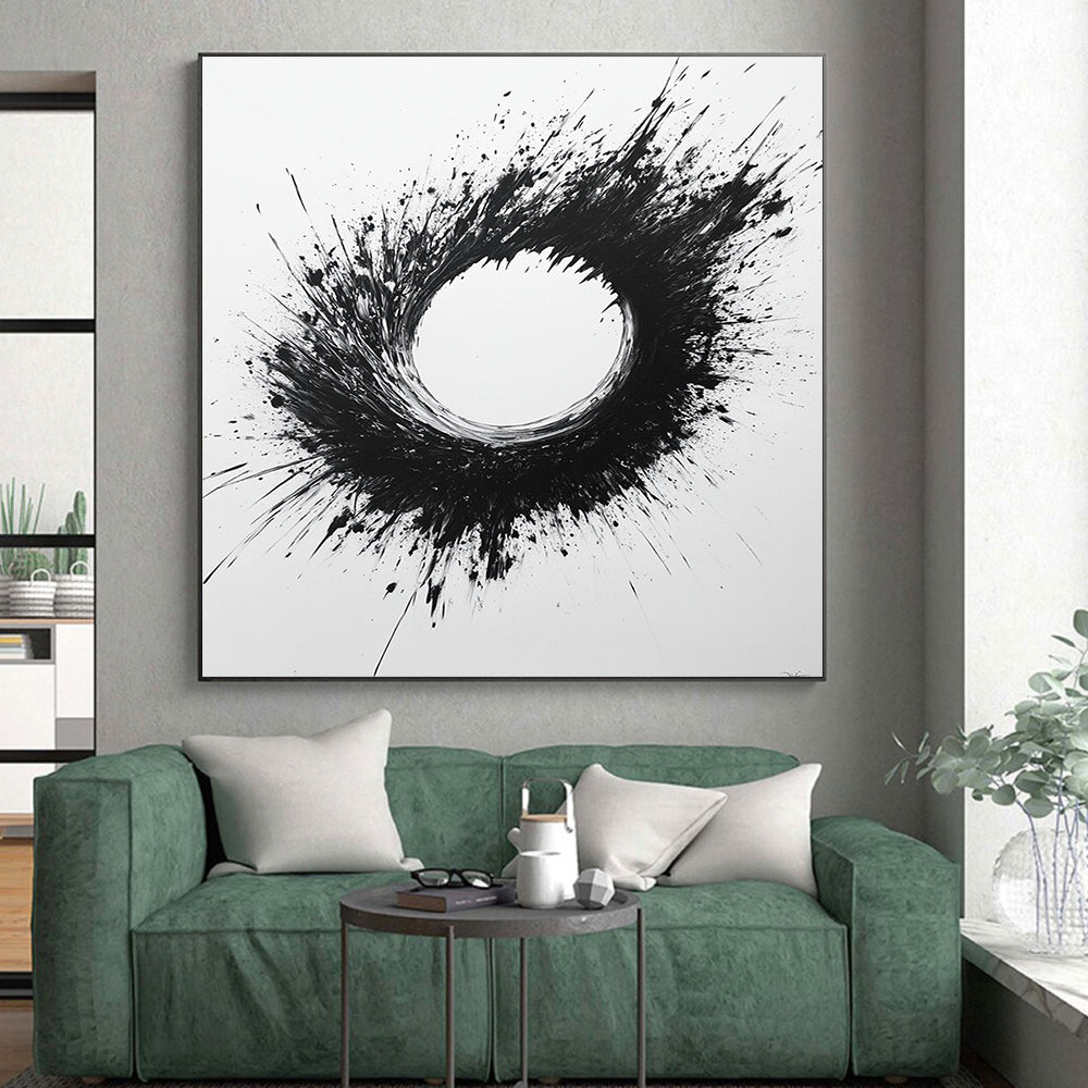 Black and White Splattered Circle "Chaotic Zen" Painting On Canvas HB287