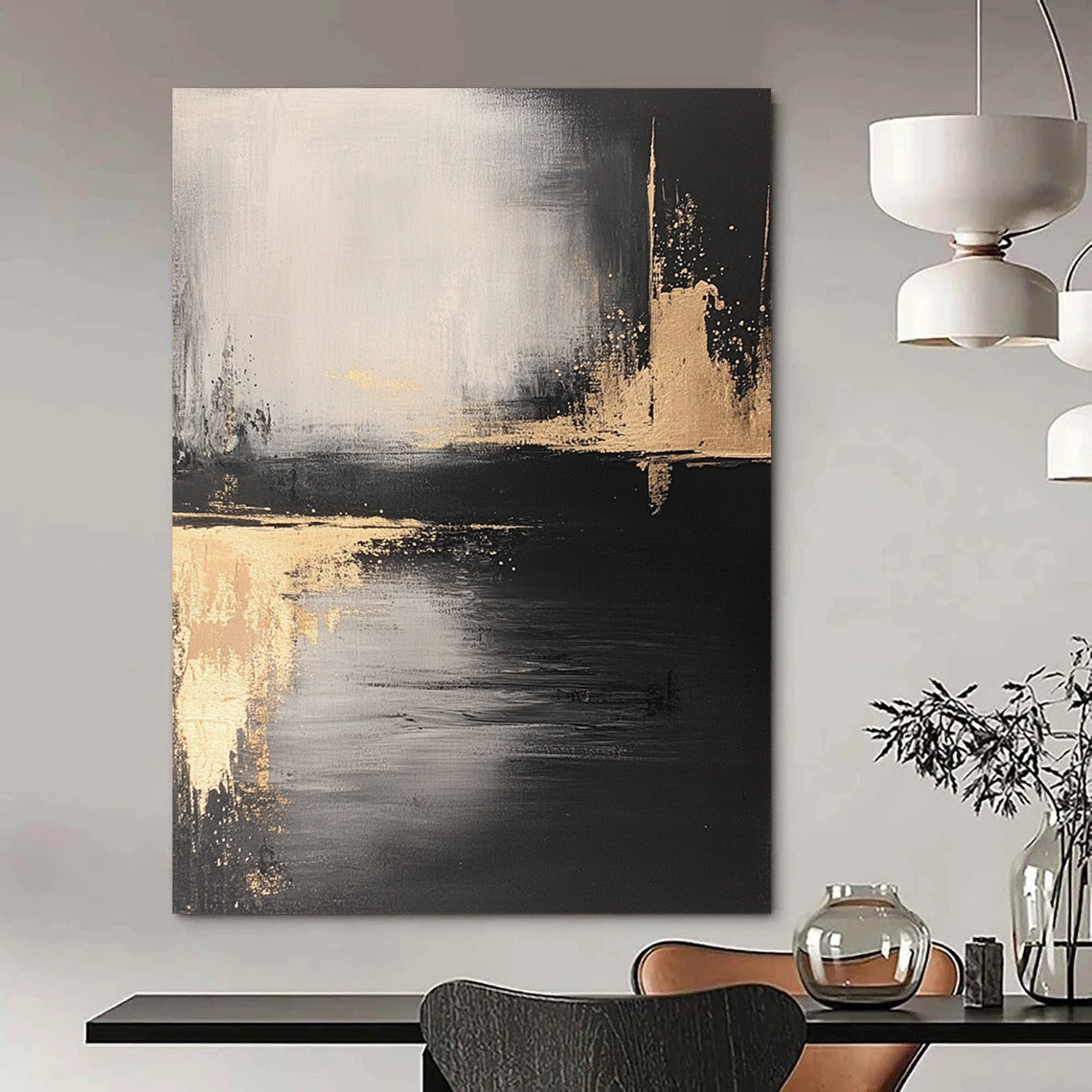 Contemporary abstract art featuring a monochromatic palette of black and gold with textured brush strokes and subtle contrasts of light and shadow. DLZ0296
