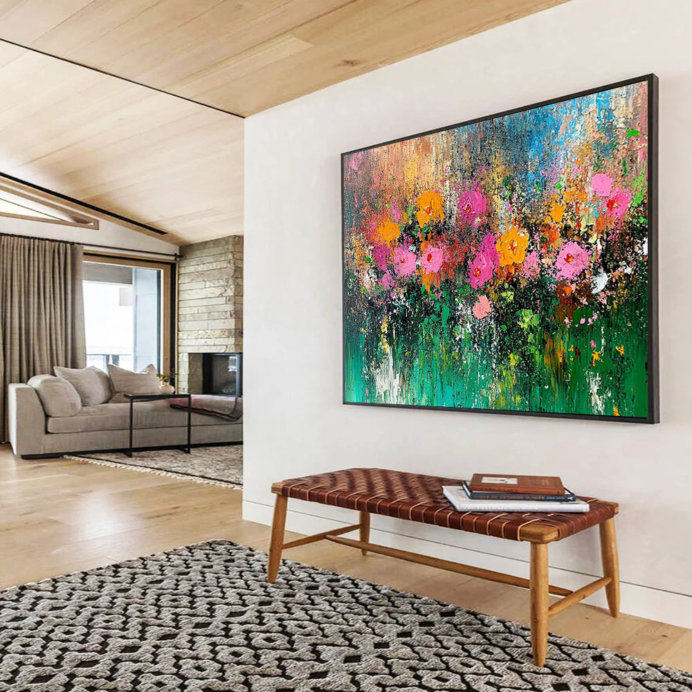 “Wildflower Symphony” - Pink, orange, yellow, green; Thick, textured blooms in a vibrant field; Impasto Floral Oil Painting On Canvas HB1172