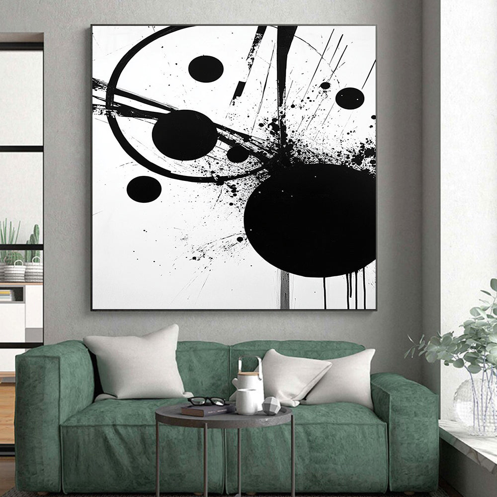 Black Circle, Dots & Lines - “Structured Ink Chaos” Painting On Canvas HB237