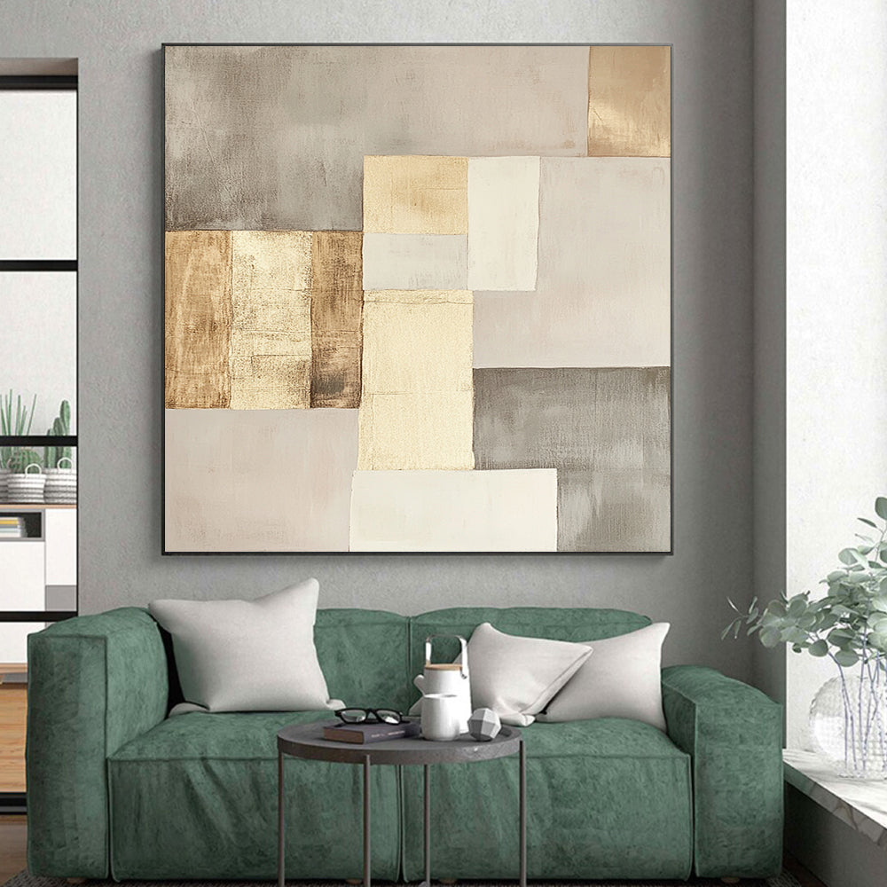 Beige, Gray & Gold Geometric Squares - “Elegant Neutral Grid” Painting On Canvas HB206