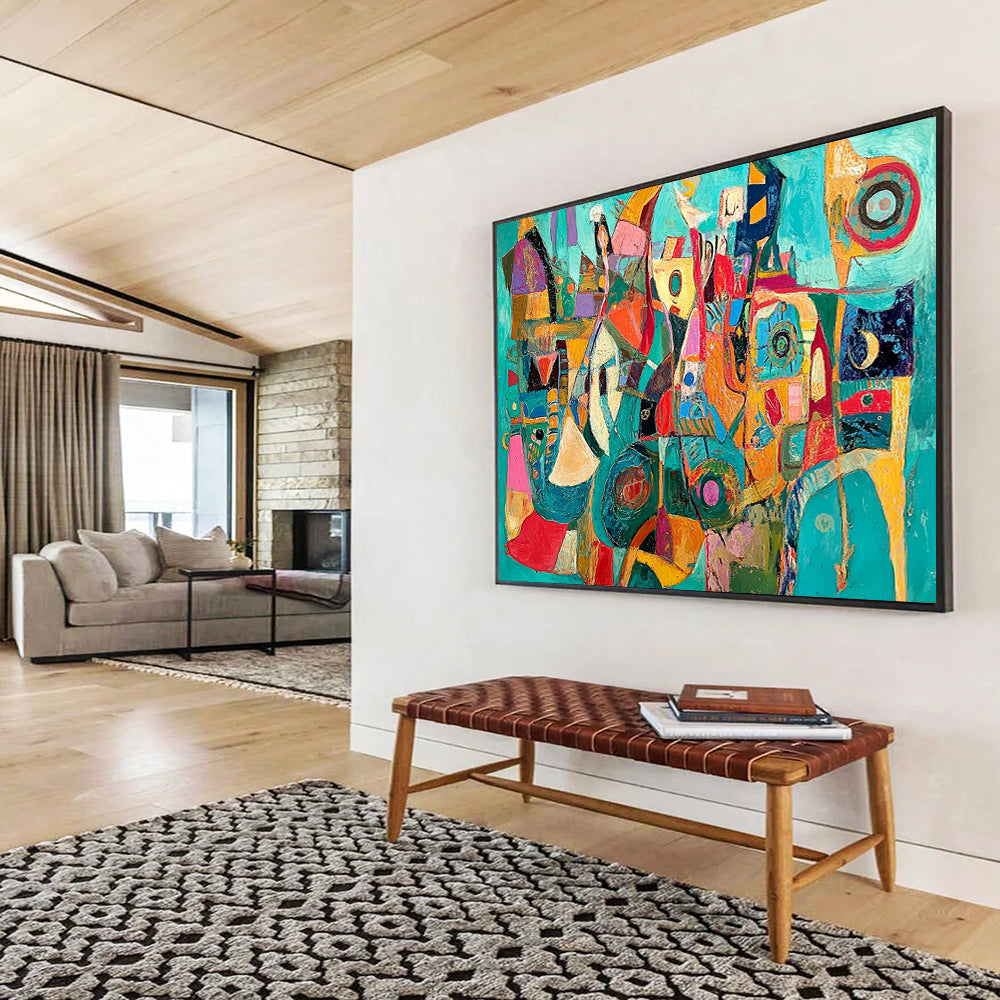 Vibrant Teal and Colorful Abstract Shapes - “Teal Carnival” Painting On Canvas HB1458
