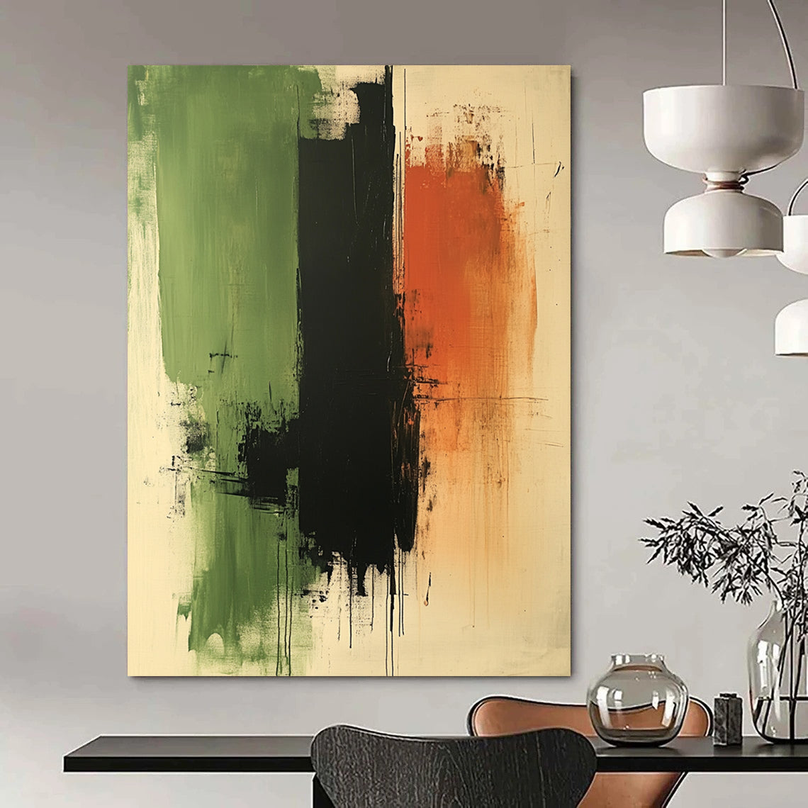 Contemporary abstract artwork featuring calming green black and brown tones oil on paper with canvas texture ideal for meditative spaces DLZ1328