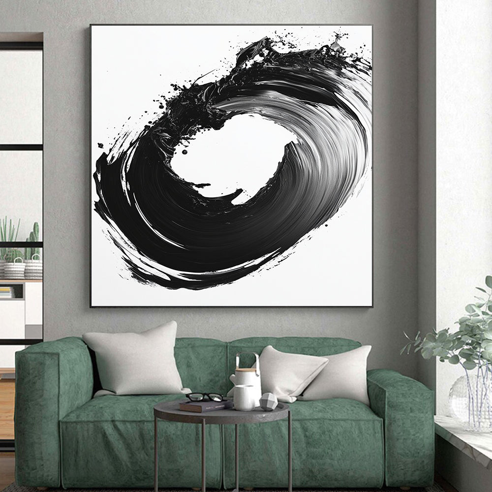 Black & White Circular Ink Brushstroke - “Infinite Ink Loop” Painting On Canvas HB230