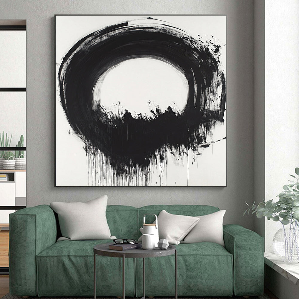 Black Circular Brushstroke with Dripping Paint - “Melting Enso” Painting On Canvas HB247