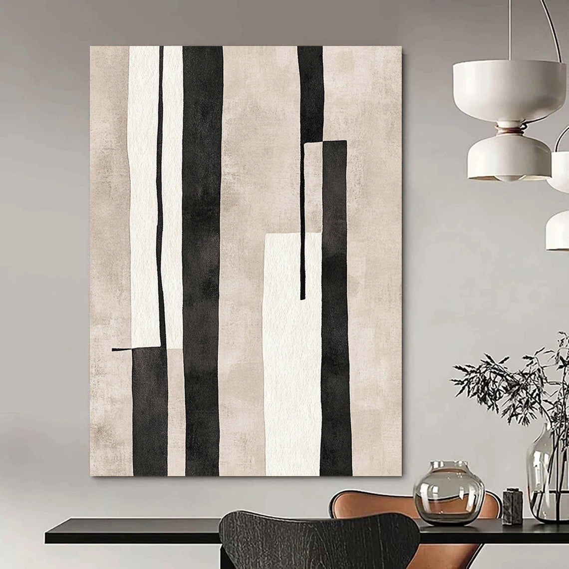 Large contemporary hand-drawn abstract art featuring vertical rectangular shapes in minimalist style with muted colors on textured paper inspired by Matisse. DLZ1270