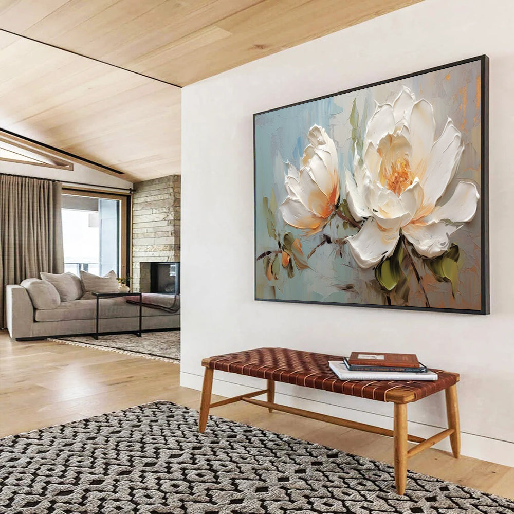Textured White Peony Painting - Elegant Bedroom Floral Decor DLZ174