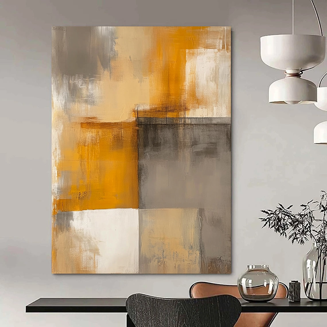 Contemporary hand-painted abstract art featuring faded beige and grey tones with warm yellow accents and simple geometric shapes. DLZ0516