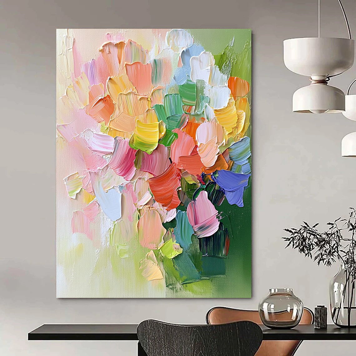 Contemporary abstract artwork featuring a vibrant pink flower bouquet with green leaves and delicate accents in a cheerful pastel palette. DLZ0480