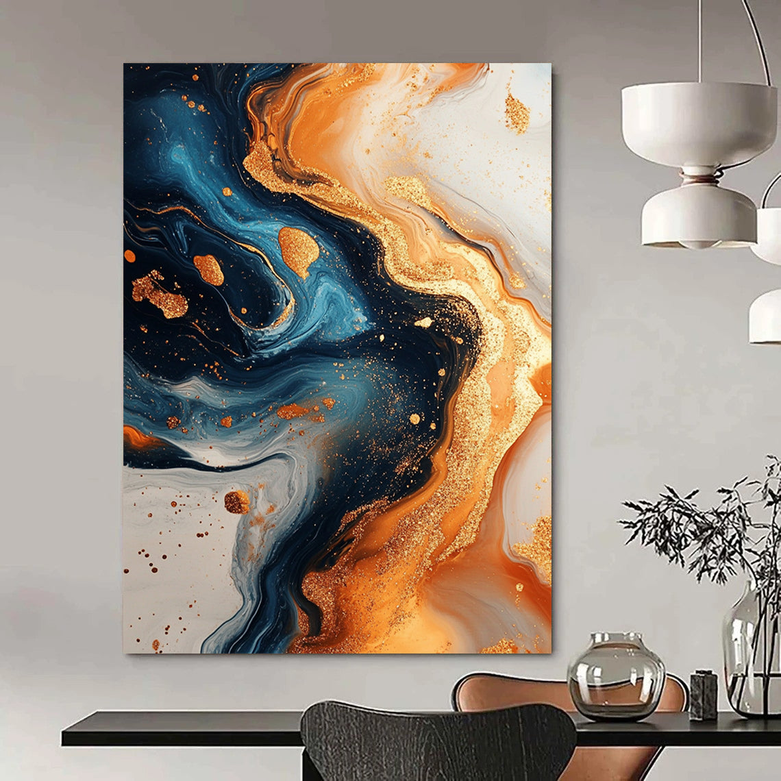 Contemporary hand-painted abstract artwork showcasing swirling gold and navy blue with marble textures and glitter. Perfect for modern decor. DLZ0848