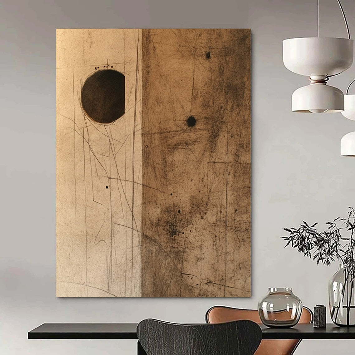 Contemporary hand-painted abstract art features textured brown paper with dark stains and a small hole, complemented by a striking cardboard piece. DLZ1089
