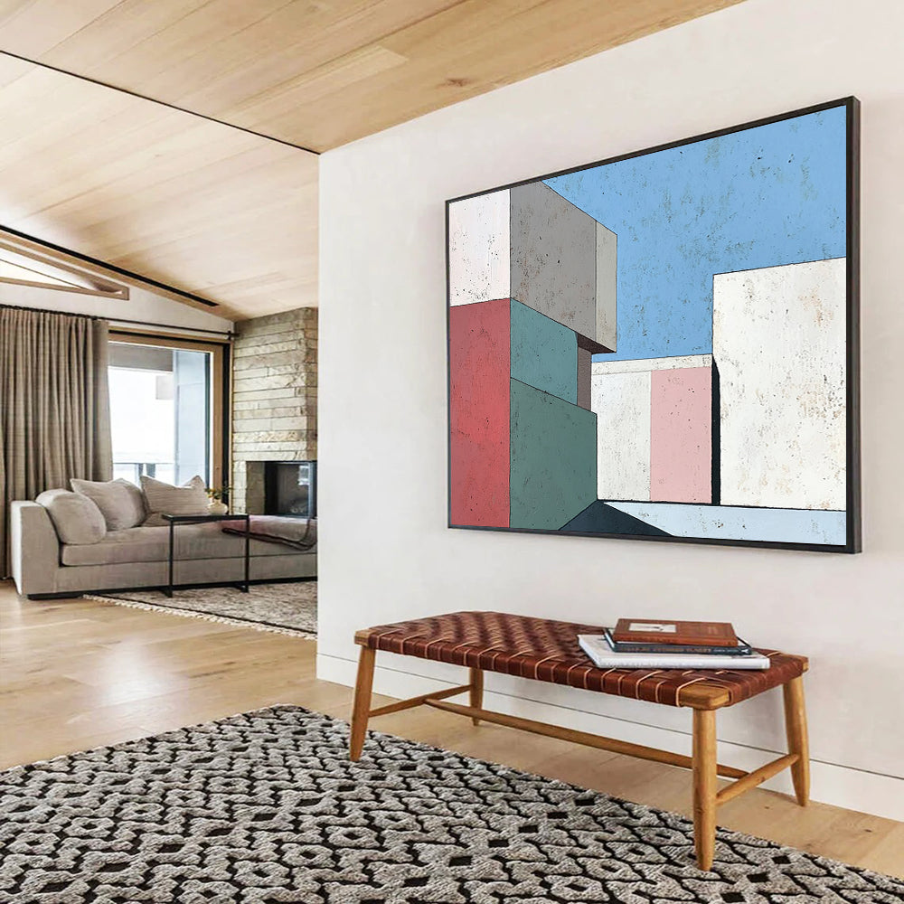 “Pastel Geometric Architecture” - Pink, Green, Blue, Abstract Buildings - Modernist Acrylic Painting HB1499