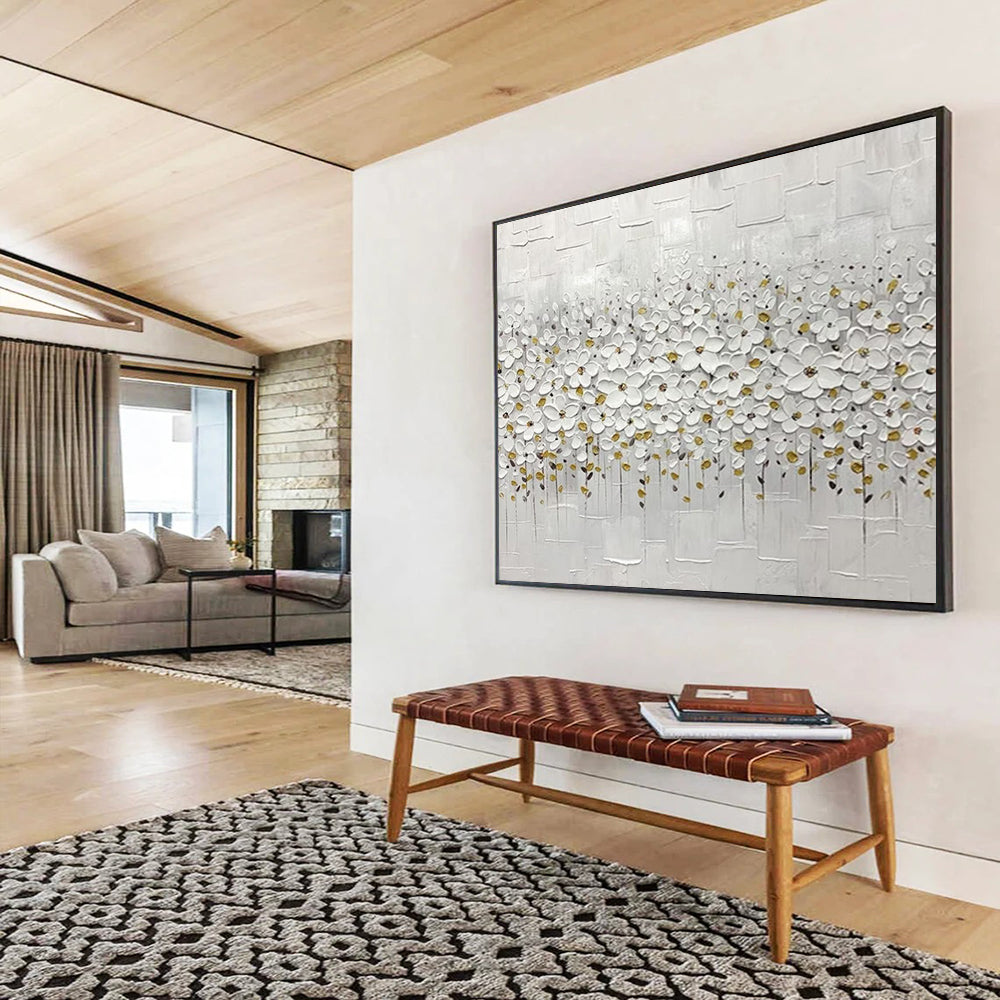 White Flower Field Textured Art - Serene Living Room or Nursery Decor DLZ214