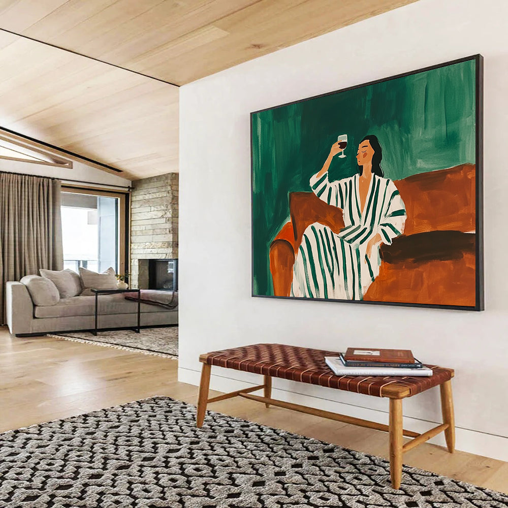 “Relaxed Figure with Wine” - Green, Brown, White, Stylized Figure Scene - Acrylic Painting HB1660