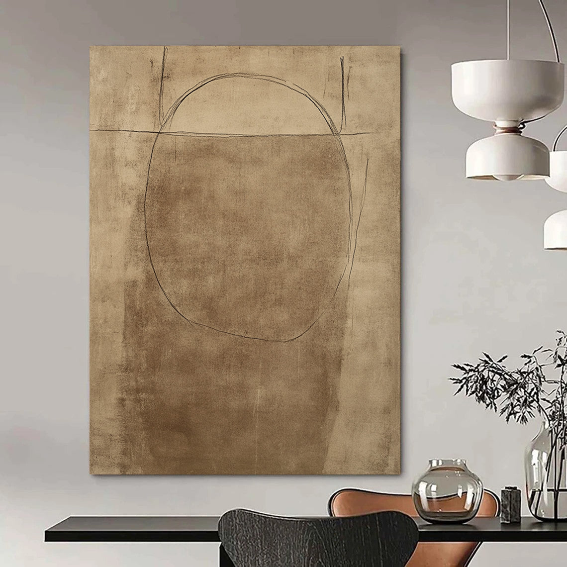 Contemporary hand-drawn abstract artwork showcasing a simplistic figure design with soft curves and a warm brown background. DLZ1469