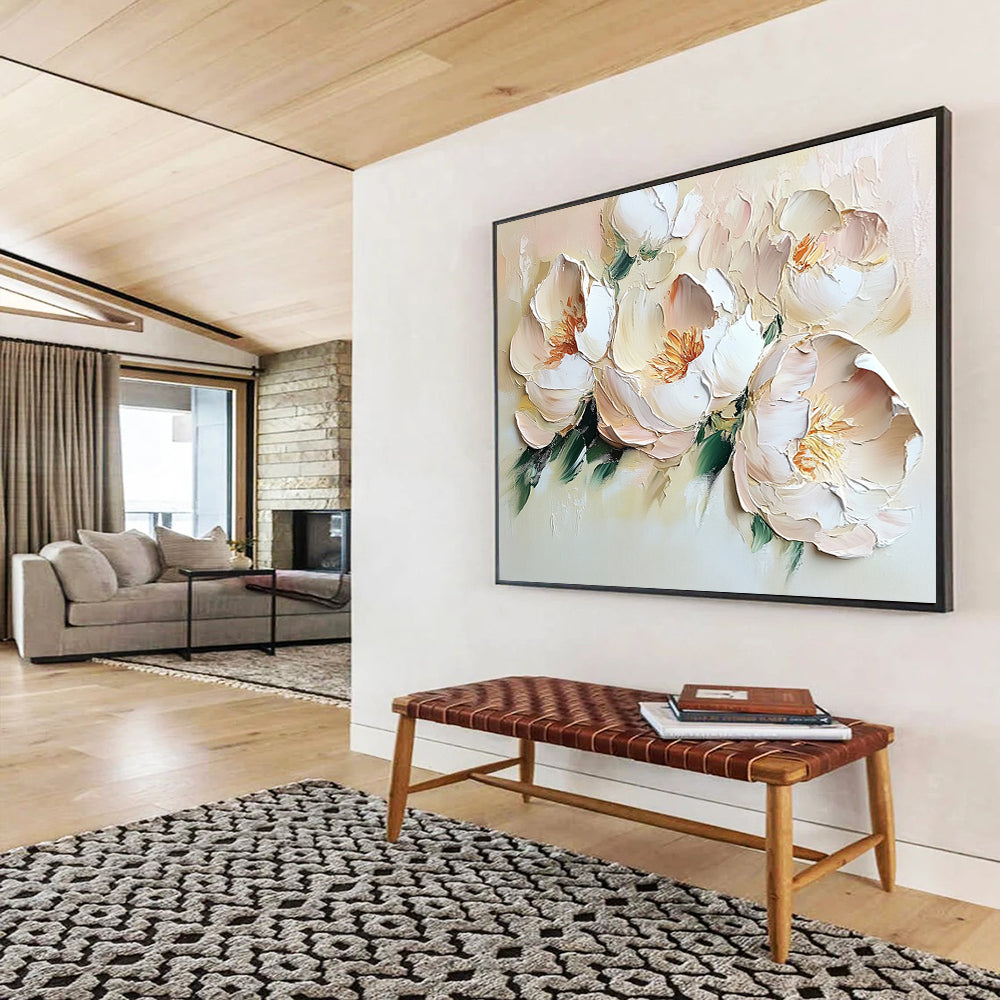 “Blush Peony Blooms” - Muted peaches, whites, greens; Thick - textured peony flowers; Impasto Floral Painting On Canvas HB1157