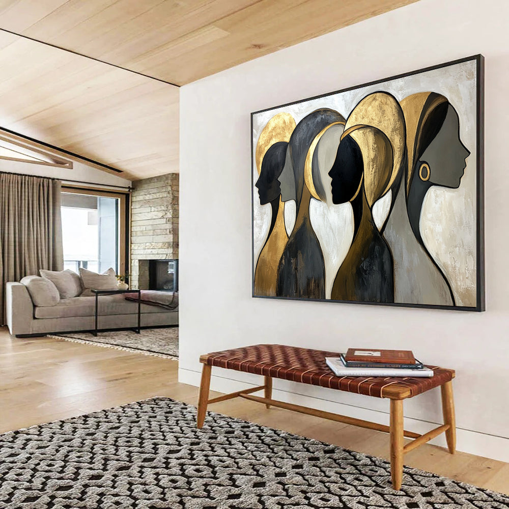 “Golden Silhouettes” - Black, Gold, Gray, Abstract Profiles - Stylized Acrylic Painting HB1514