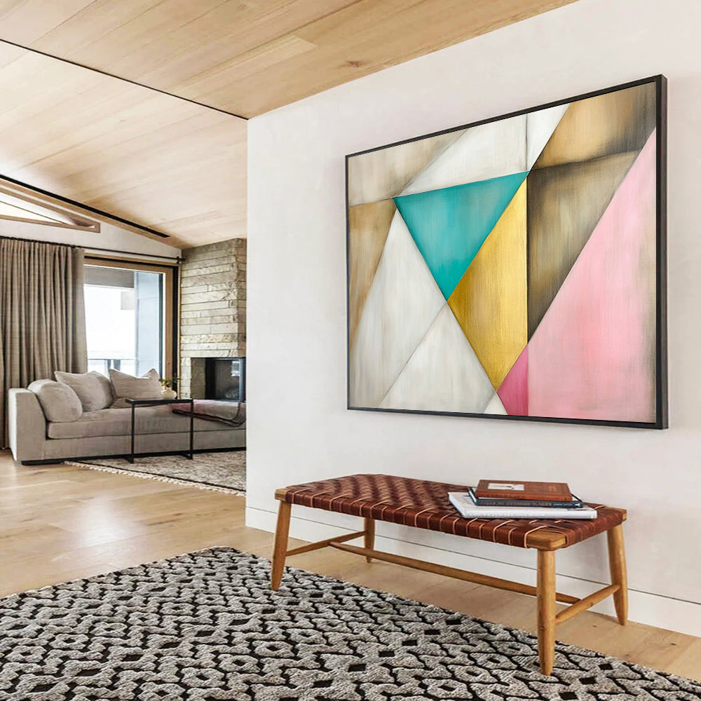 “Colorful Geometric Triangles” - Beige, Teal, Gold, Pink, Geometric Abstract Painting On Canvas HB0679