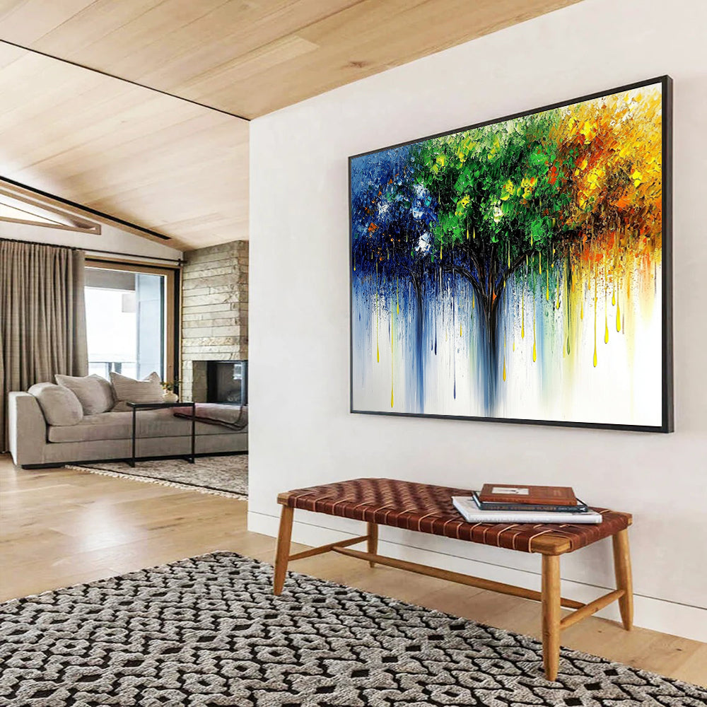 “Colorful Dripping Tree” - Blue, Green, Yellow, Orange - Impasto Dripping Tree - Oil Painting HB1329