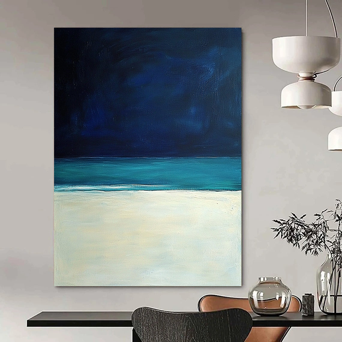 Contemporary hand-painted abstract art featuring a serene white sand beach under a dark blue sky, inspired by the style of Mark Rothko. DLZ0405