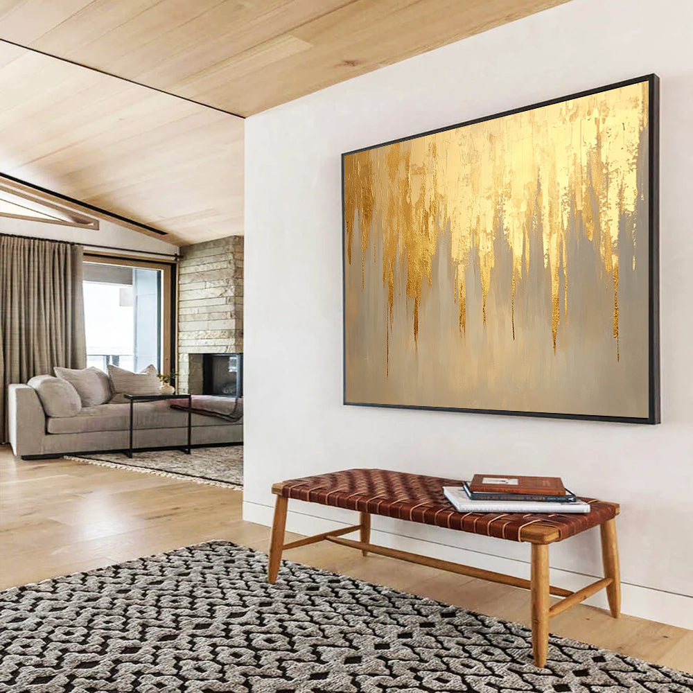 “Gold Drip Abstract” - Gold, Beige, Gray, Dripping Forms - Painting On Canvas HB1429