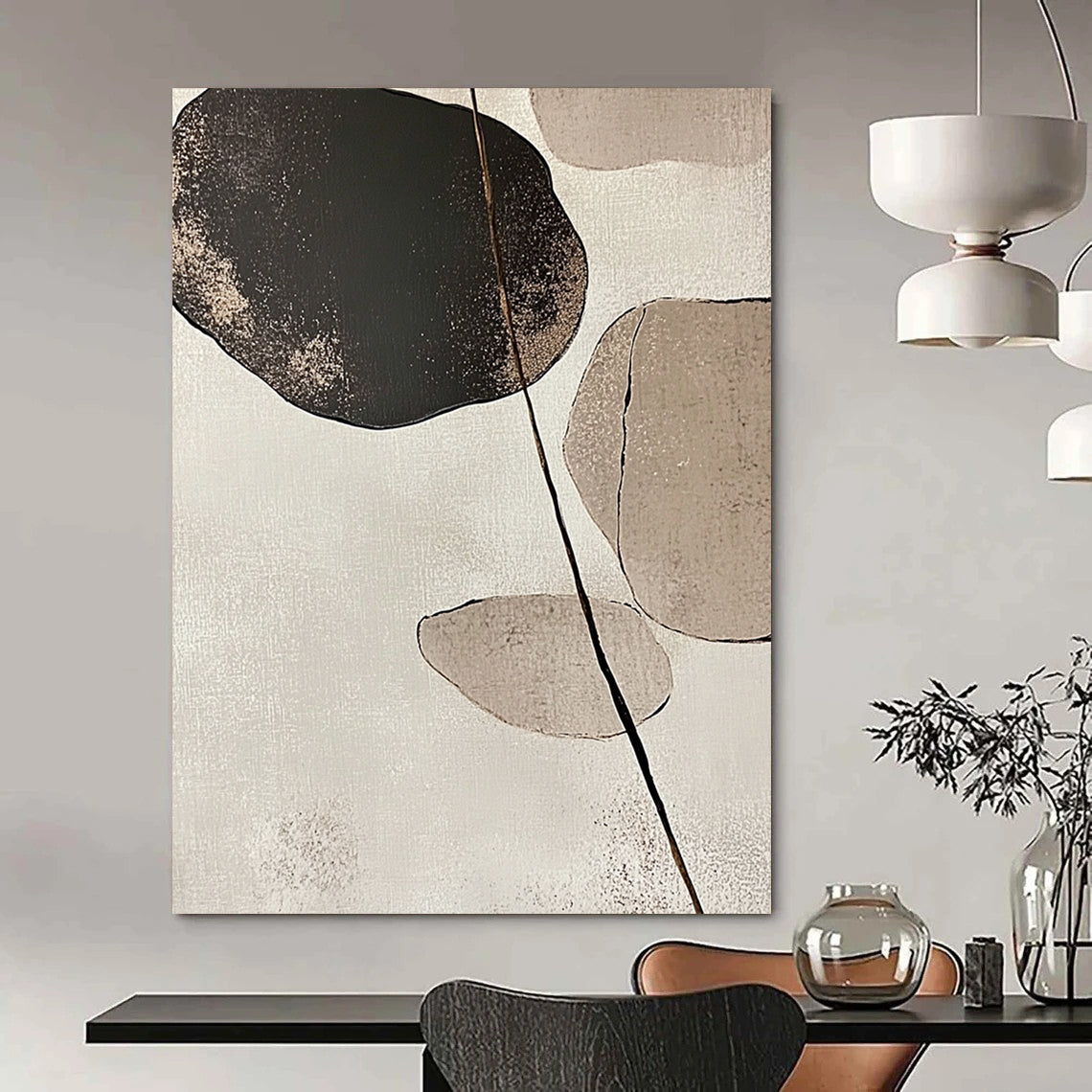 Large contemporary abstract art featuring minimalist Japandi design with stone and leaf forms in beige and neutral tones against a white background. DLZ1616