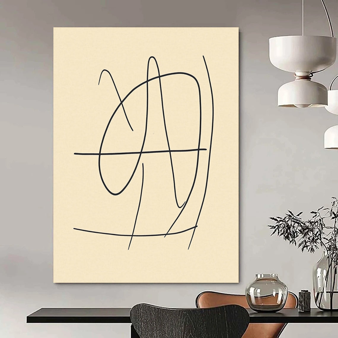 Contemporary abstract art featuring a minimalistic line drawing of the number 4 in black on beige, inspired by Matisse's style. DLZ0422