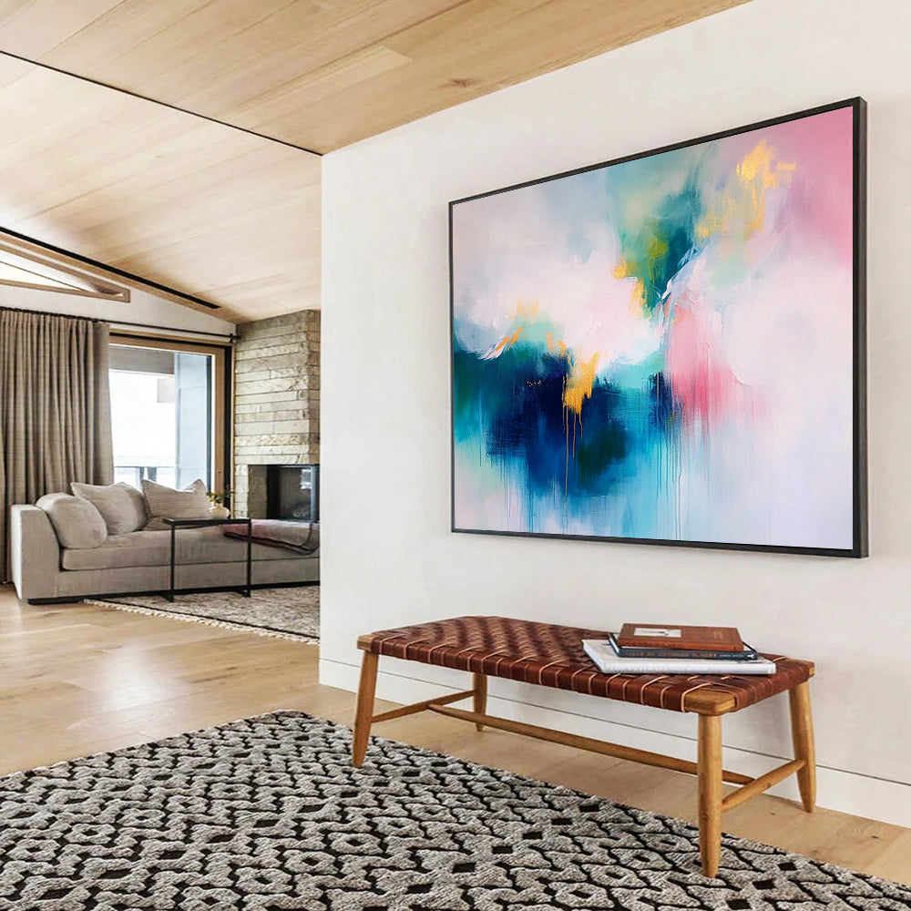 “Pink and Gold Abstract Drip” - Pink, gray, gold; Abstract drip with gold accents; Acrylic Painting On Canvas HB1280