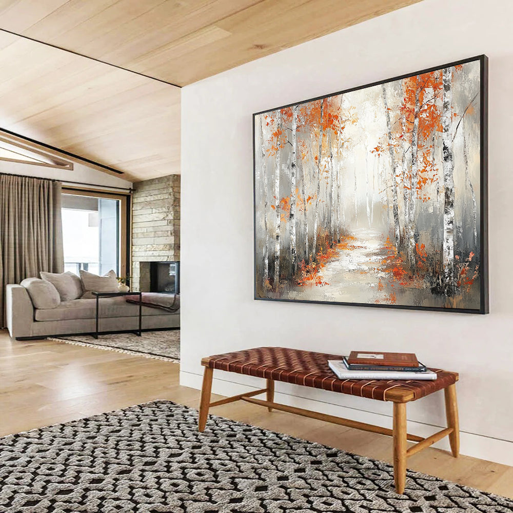 “Autumn Birch Pathway” - Orange, Gray, Birch Trees, Forest Path - Impressionist Landscape Painting HB1683