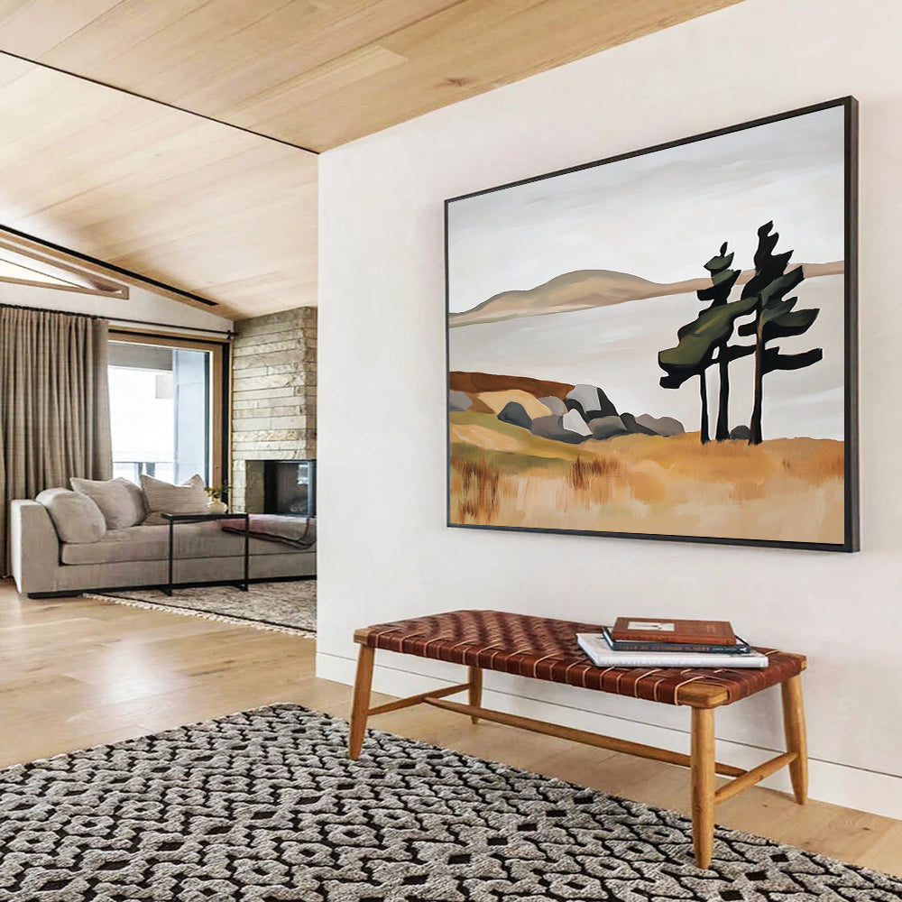 “Minimalist Landscape with Trees” - Beige, Green, Gray, Simplified Nature Scene - Acrylic Painting HB1647