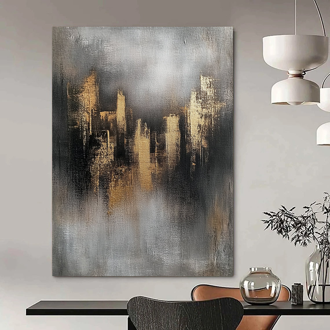 Contemporary abstract art featuring gray and gold skyline elements textured on canvas with a minimalist industrial feel and ambient lighting highlights. DLZ0520
