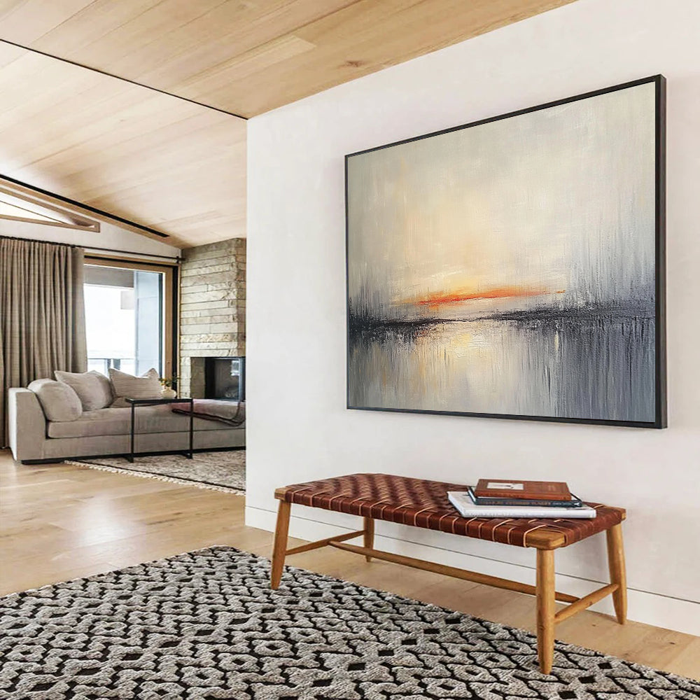 “Sunset Reflection” - Gray, Orange, Tranquil Sky and Water Painting On Canvas HB0936