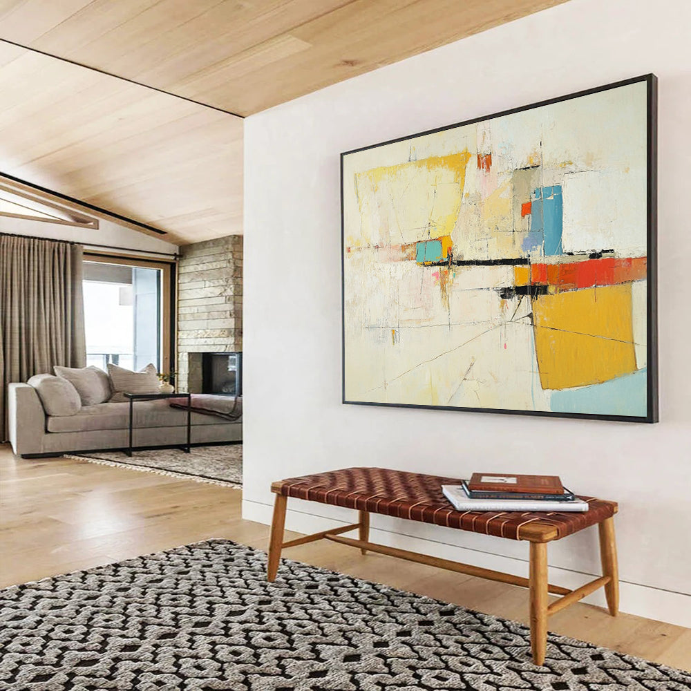 “Soft Color Abstract Composition” - Yellow, Blue, Red, Pink, Gray, White, Mixed Shapes - Painting On Canvas HB1440