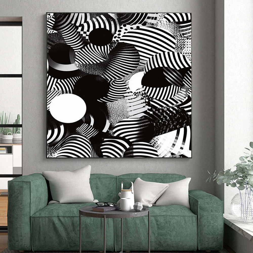 Black, White, Striped Spheres "Optical Illusion Spheres" Abstract Op - Art Painting On Canvas HB174