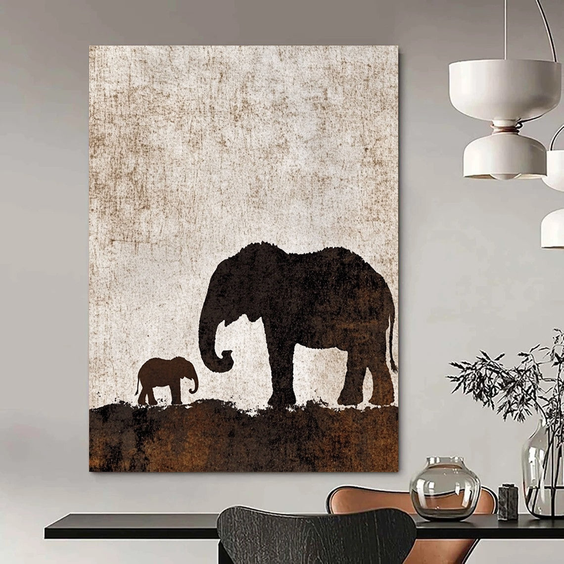 Contemporary abstract artwork featuring an elephant silhouette with calf on a textured brown and white background, perfect for any modern space. DLZ1088