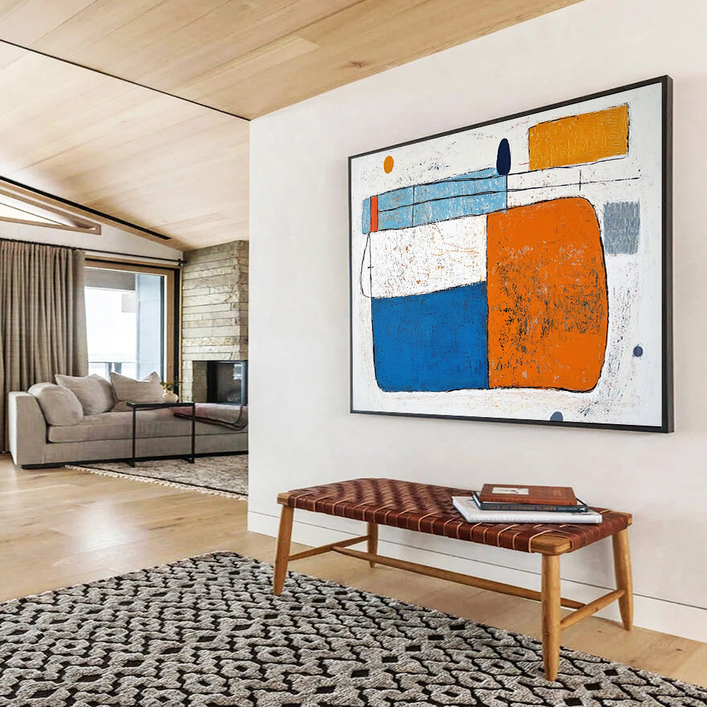 “Colorful Geometric Abstract” - Blue, orange, white, gray, yellow; Colorful geometric abstract shapes; Acrylic Painting On Canvas HB1255