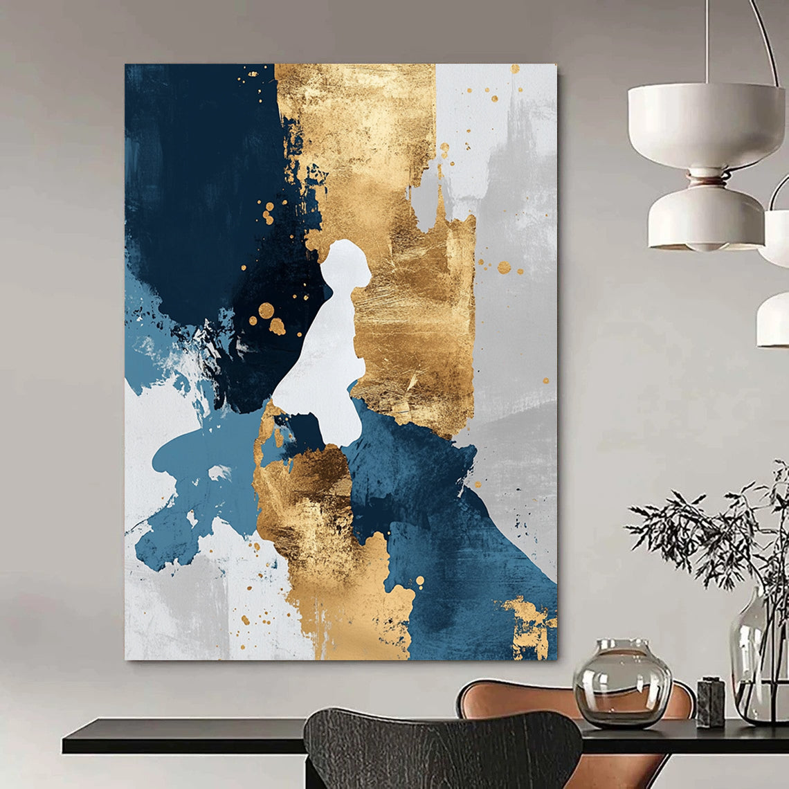 Contemporary hand-painted abstract artwork featuring gold blue and white tones with golden foil details in a minimalist modern style. DLZ0269