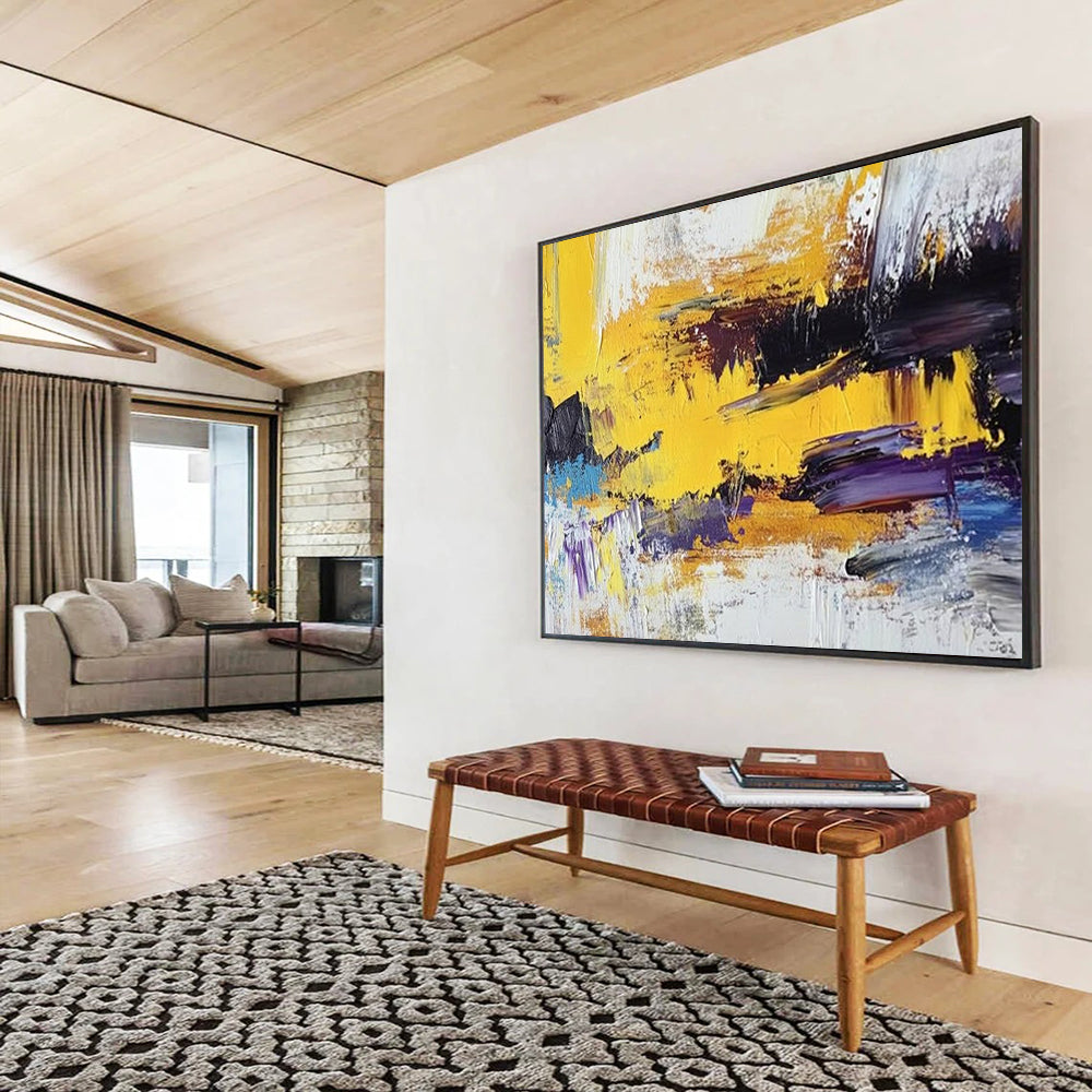 Yellow, Purple, Blue and White Abstract Splashes "Vibrant Energy" Painting On Canvas HB0406