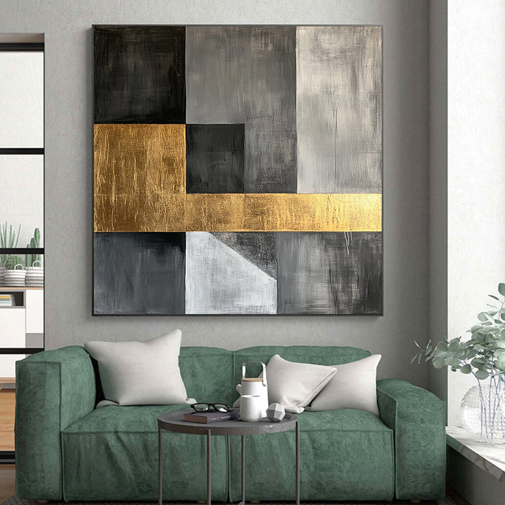 Gray, Black, Gold and White Geometric Fusion "Sophisticated Union" Painting On Canvas HB360