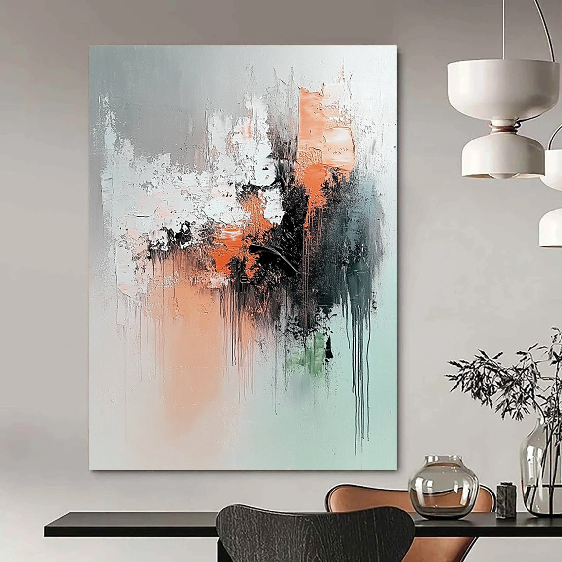 Contemporary abstract painting features soft gray peach and black colors with a serene explosion of dark green rust orange and brown elements. DLZ1054
