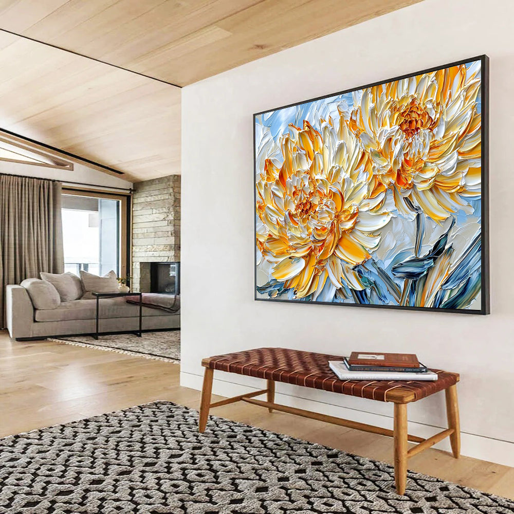 Yellow, White, Orange and Blue Textured Flower "Sunny Petals" Painting On Canvas HB0657
