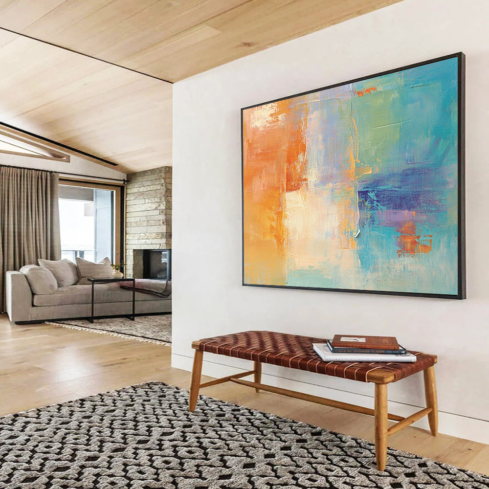 “Colorful Abstract Blend” - Orange, blue, purple, beige; Abstract color - block blend; Acrylic Painting On Canvas HB1276