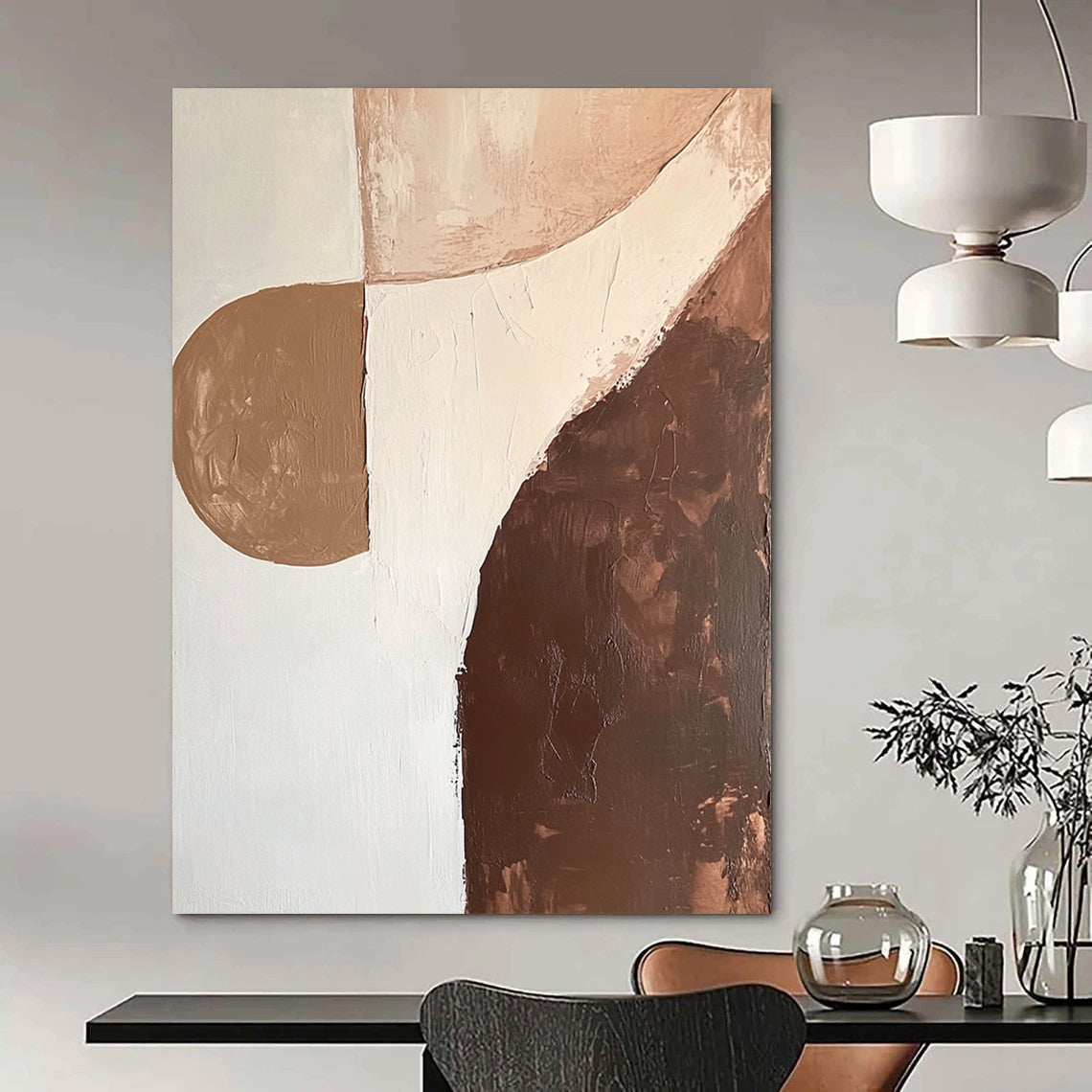 Contemporary abstract artwork featuring organic shapes in brown and white with soft edges and minimalist design, emphasizing fluid lines and canvas texture. DLZ0997